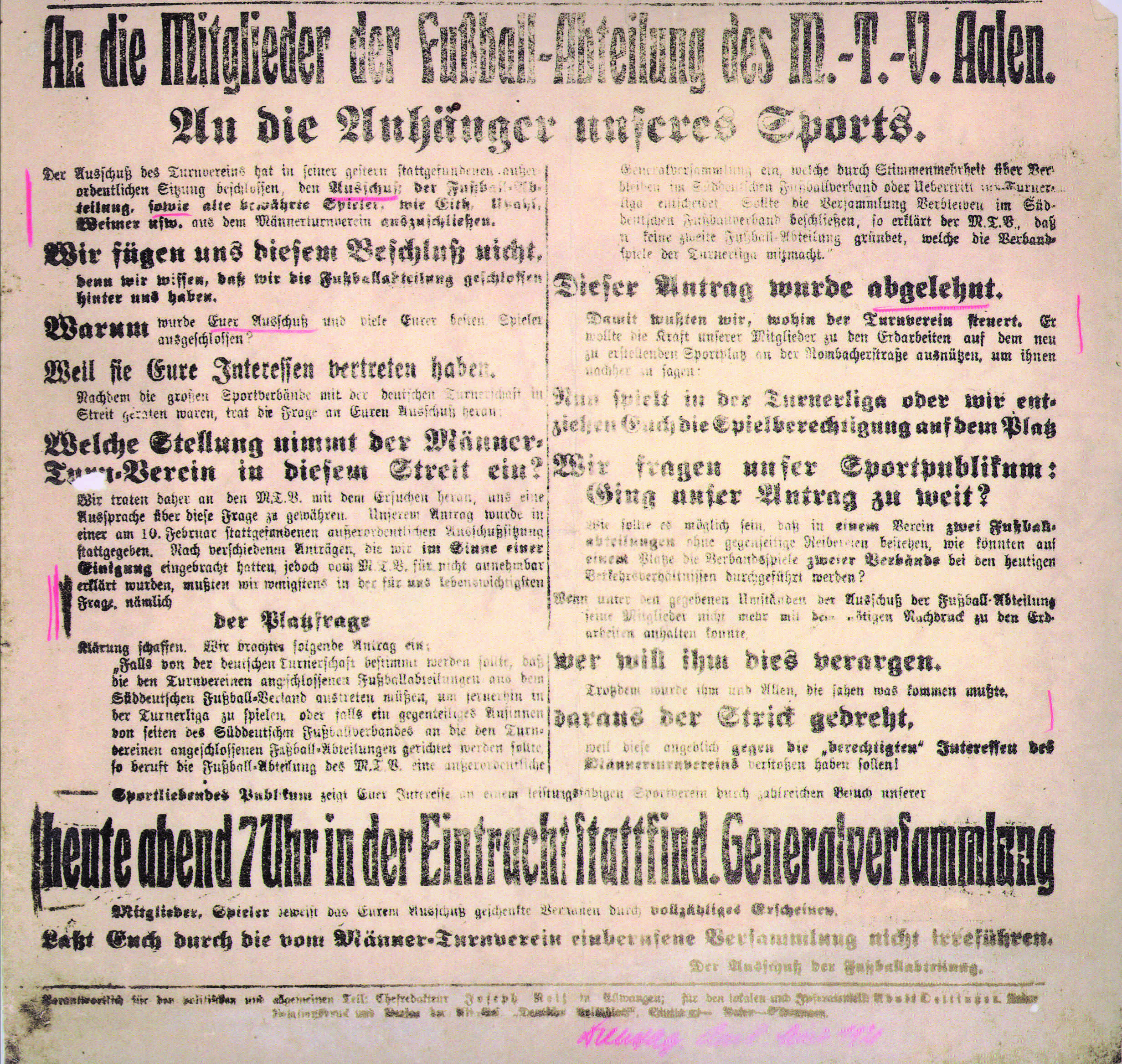 Aufruf in der Aalener Zeitung vom 08.03.1921